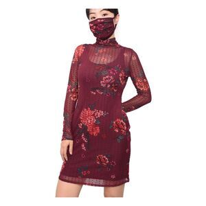 PLANET GOLD Womens Maroon Textured Mesh Floral Long Sleeve Short Sheath Dress S
